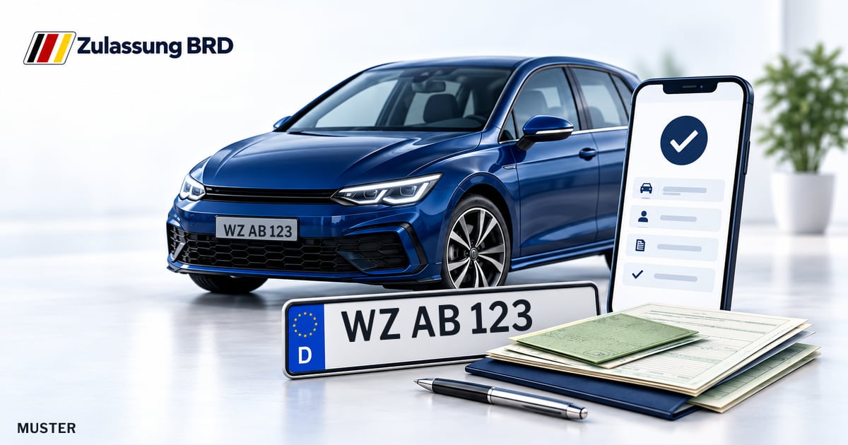 Online Fahrzeugzulassung in Wetzlar: Musterkennzeichen WZ AB 123, Auto und Fahrzeugpapiere und Smartphone. Illustration mit Logo von Zulassung BRD.